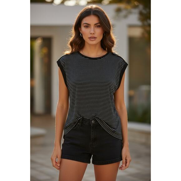 Saint + Sofia Tops - Saint + Sofia Black Silver Stripe Shoulder Button Top Size 6